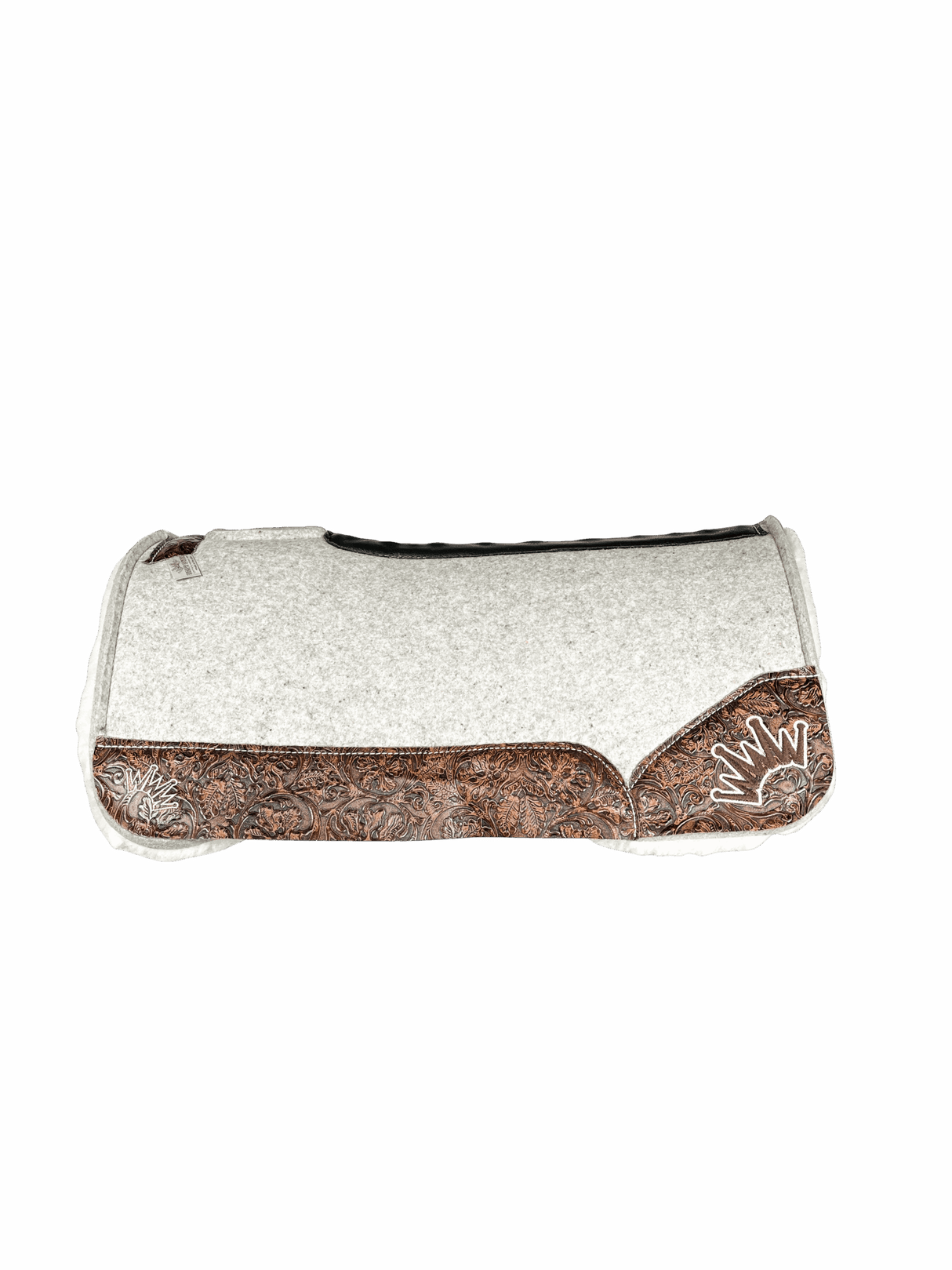 The Kush Gray Saddle Pad with Indios Floral Leather and a White & Dark Brown Embroidered Crown