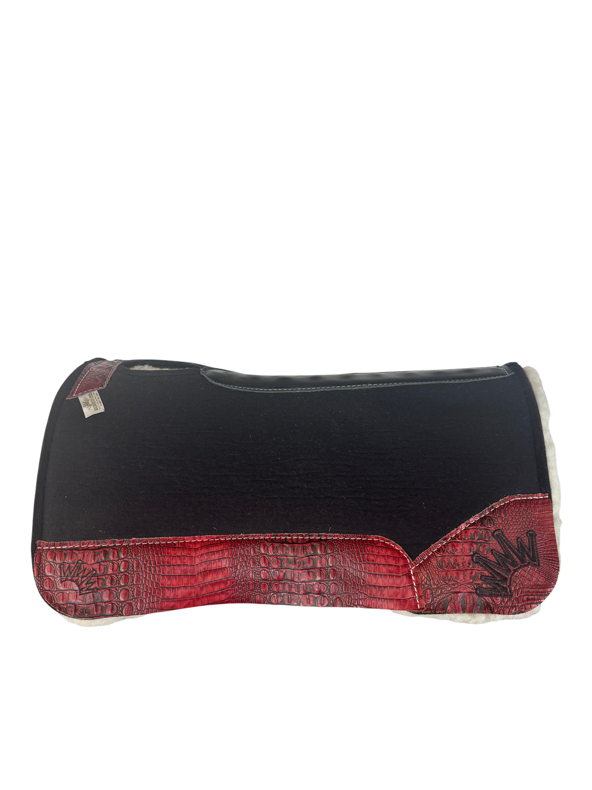 Black Kush Fleece Saddle Pad with Red Crocodile Leather – Crown in Black Embroidery