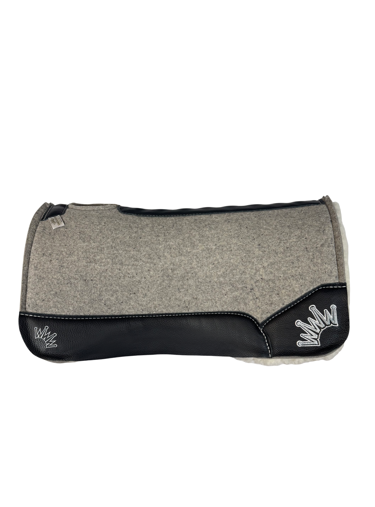 Gray Kush Fleece Saddle Pad with Black Leather - Crown in White/Silver Embroidery