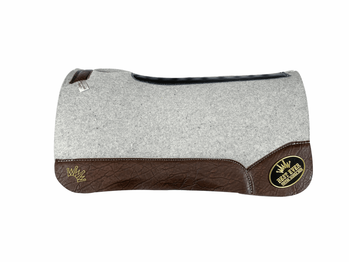 The Kush Gray Saddle Pad with Chocolate Elephant Leather and a Gold Best Ever Logo Patch
