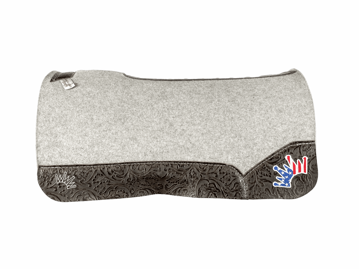 The Kush Gray Saddle Pad with Chocolate Floral Leather and a USA Embroidered Crown