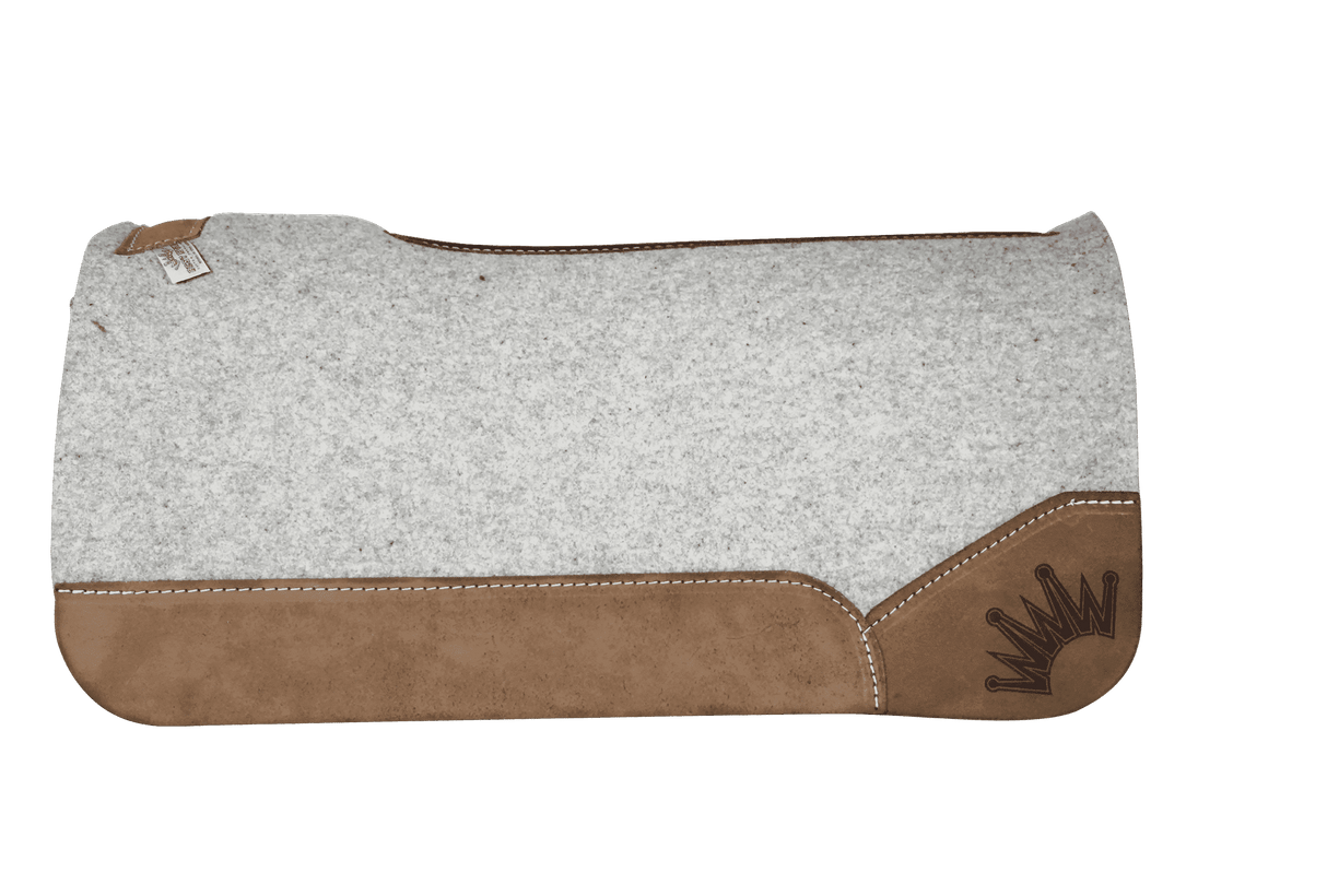 The Kush Gray Saddle Pad with Chocolate Roughout Cowboy Leather and a Lasereed Crown