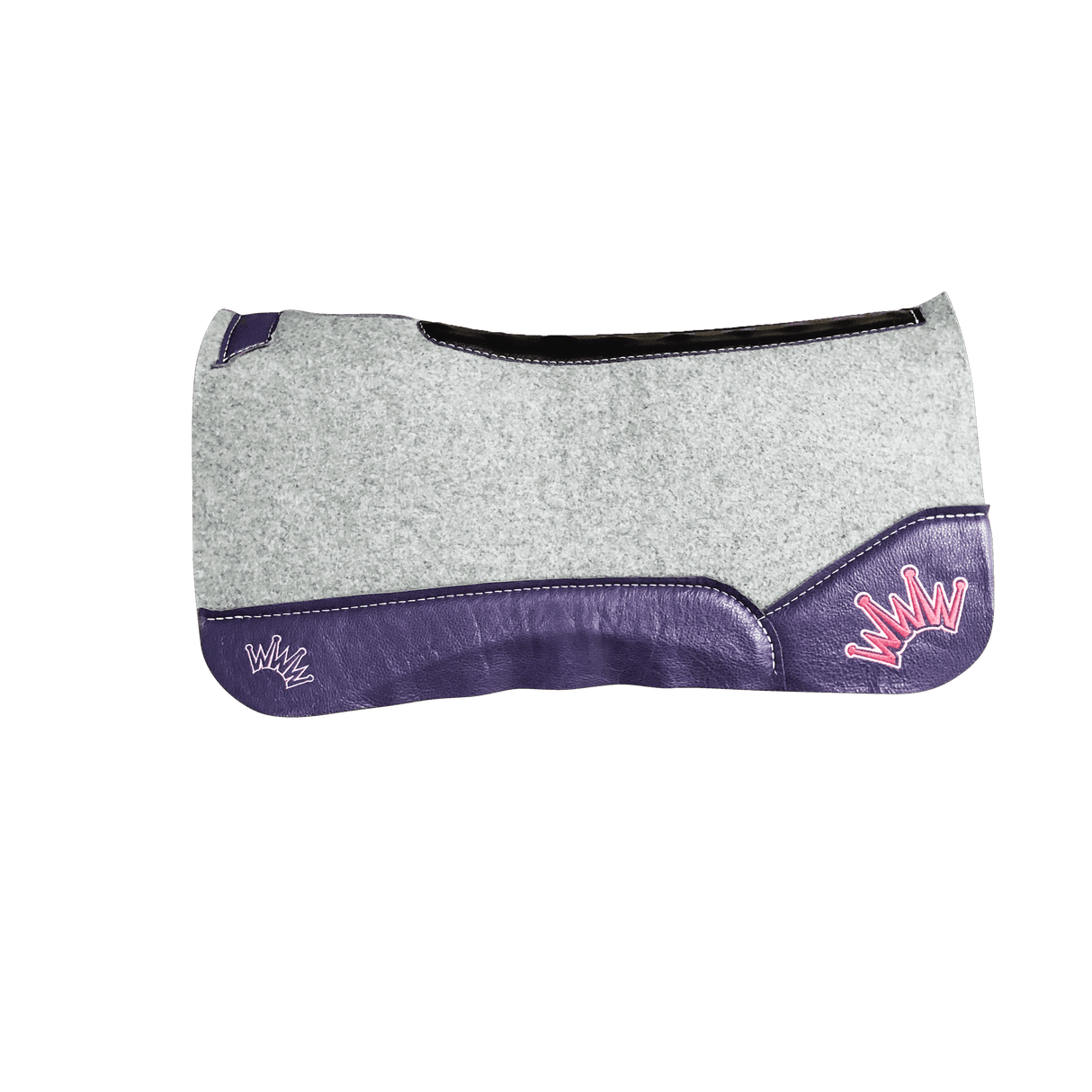 The Kush Gray Saddle Pad with Purple Leather and a White & Hot Pink Embroidered Crown