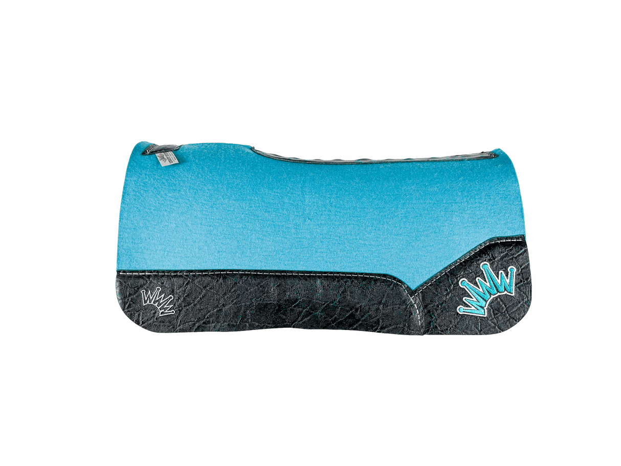 The Kush Turquoise Saddle Pad with Black Elephant Leather and a White & Teal Embroidered Crown