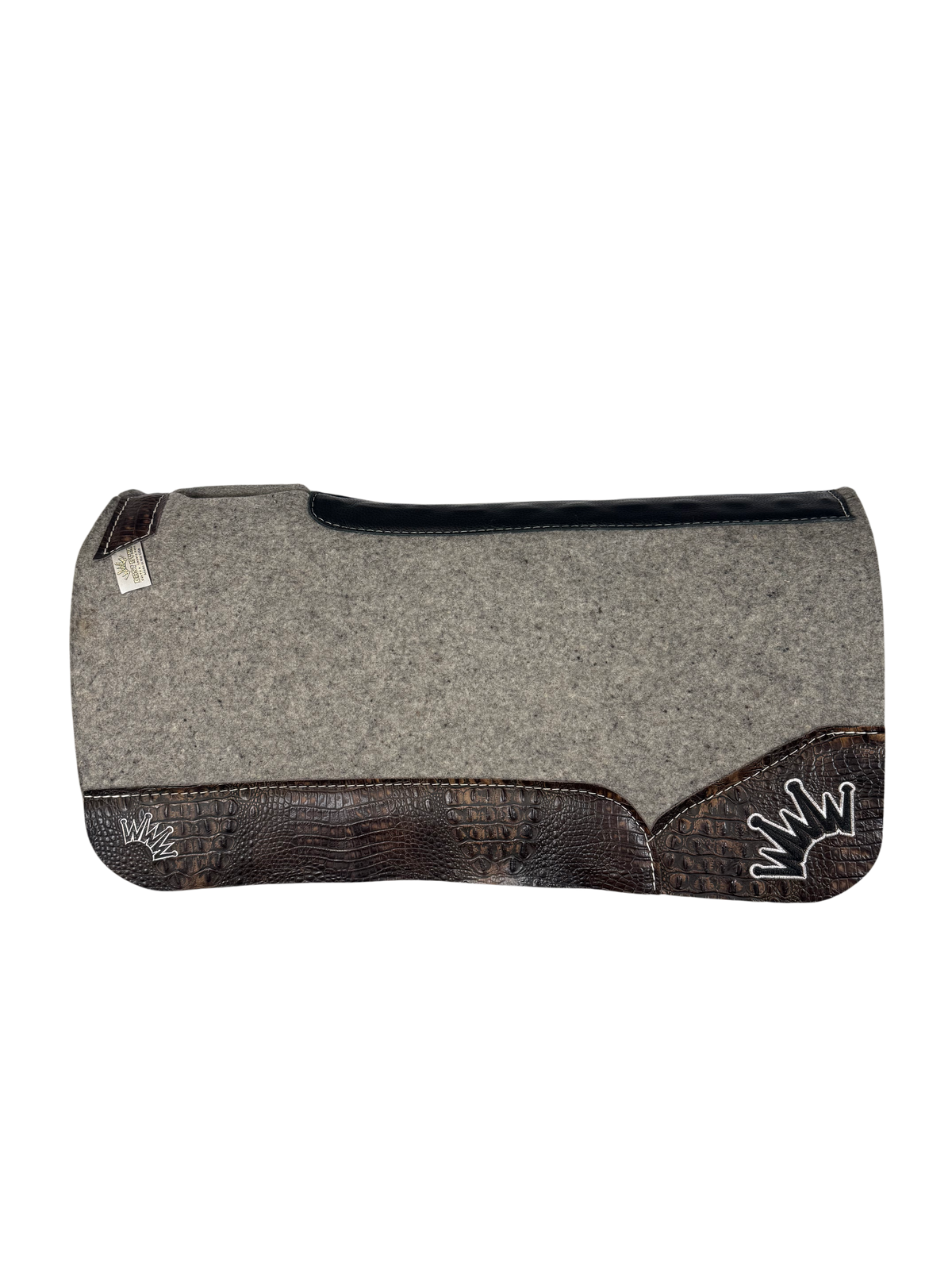 Gray Kush Saddle Pad with Brown Crocodile Leather - Crown in White/Black Embroidery