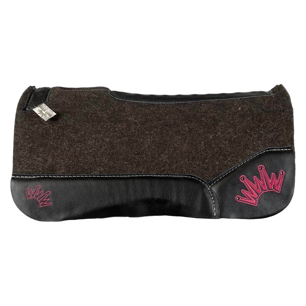 OG Saddle Pad with Black Leather - Crown in Burgundy Embroidery - Pink Crystal Tips