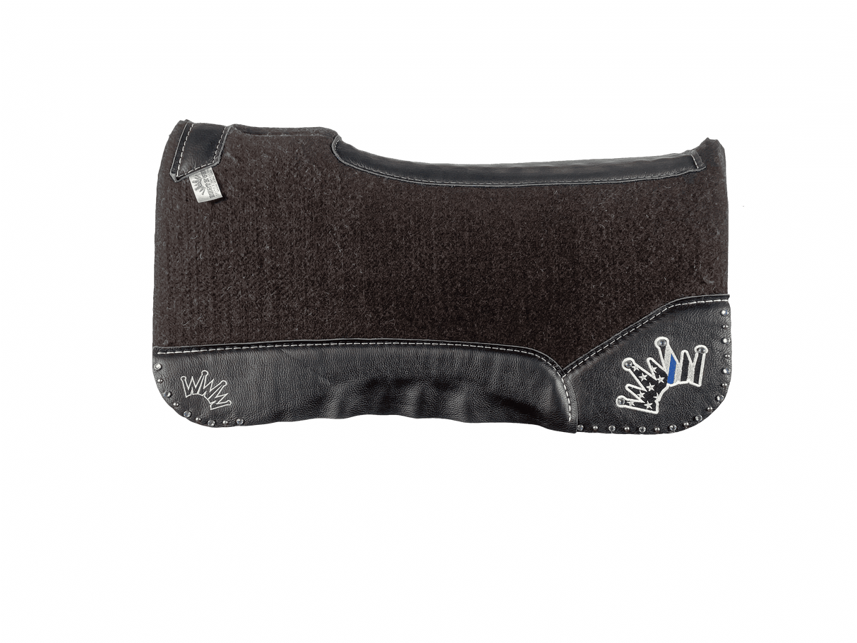 The OG Dark Grey Saddle Pad with Black Leather and a Thin Blue Line Embroidered Crown with a Crystal Spots Border