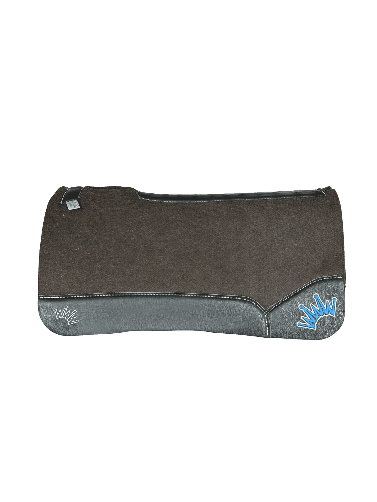 The OG Dark Grey Saddle Pad with Black Leather and a White & Blue Embroidered Crown
