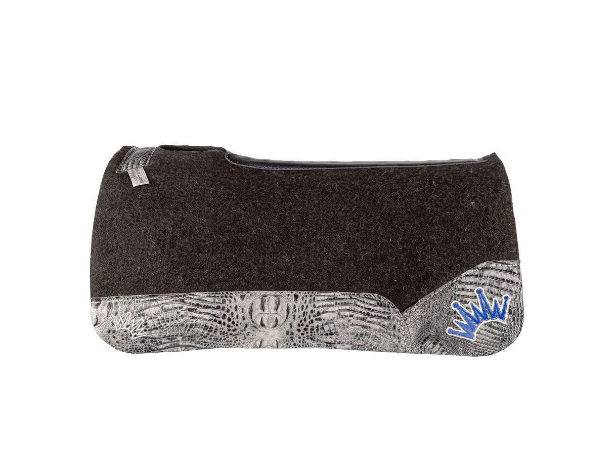 The OG Dark Grey Saddle Pad with Gray Crocodile Reptile Leather and a Blue & White Embroidered Crown