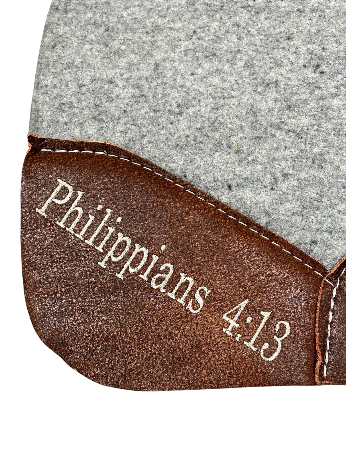 Gray Kush Saddle Pad with Oak Nut Leather - Philippians 4:13 in Beige Embroidery with Cross Embroidery on Bars
