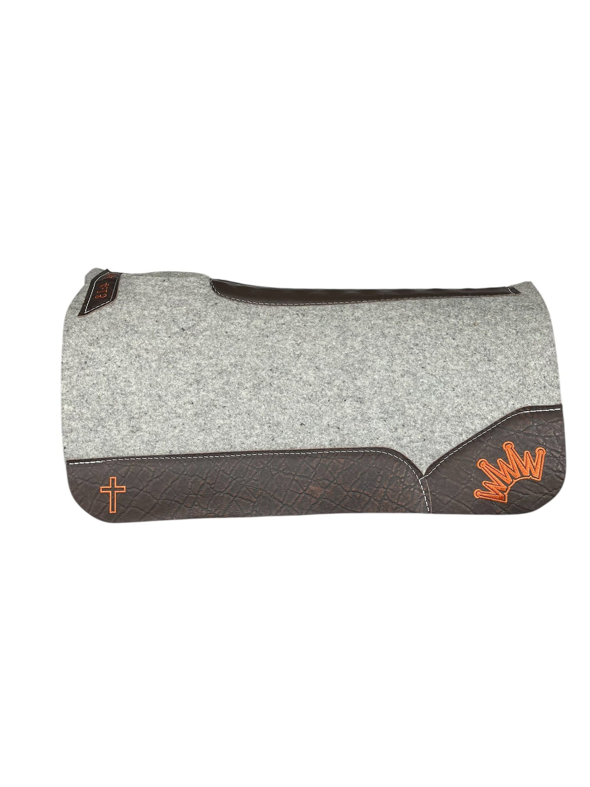 Gray Kush Saddle Pad with Chocolate Elephant - Crown in Rust Embroidery with Cross Embroidery on Bars & Top Wither Embroidery