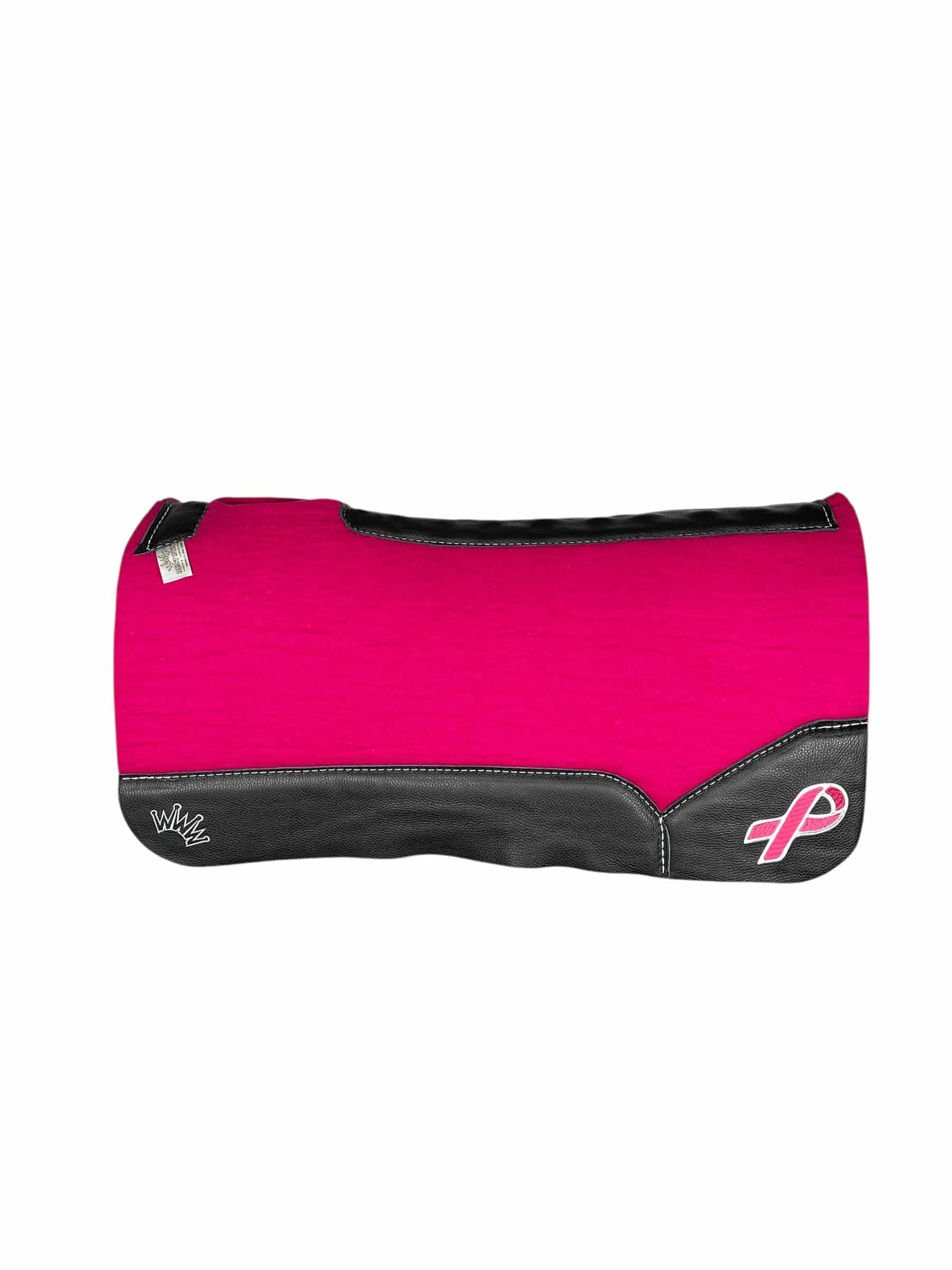 Pink Kush Saddle Pad with Black Leather - Breast Cancer Ribbon in White/Hot Pink Embroidery