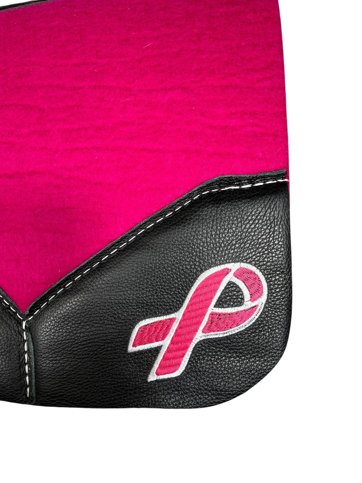 Pink Kush Saddle Pad with Black Leather - Breast Cancer Ribbon in White/Hot Pink Embroidery
