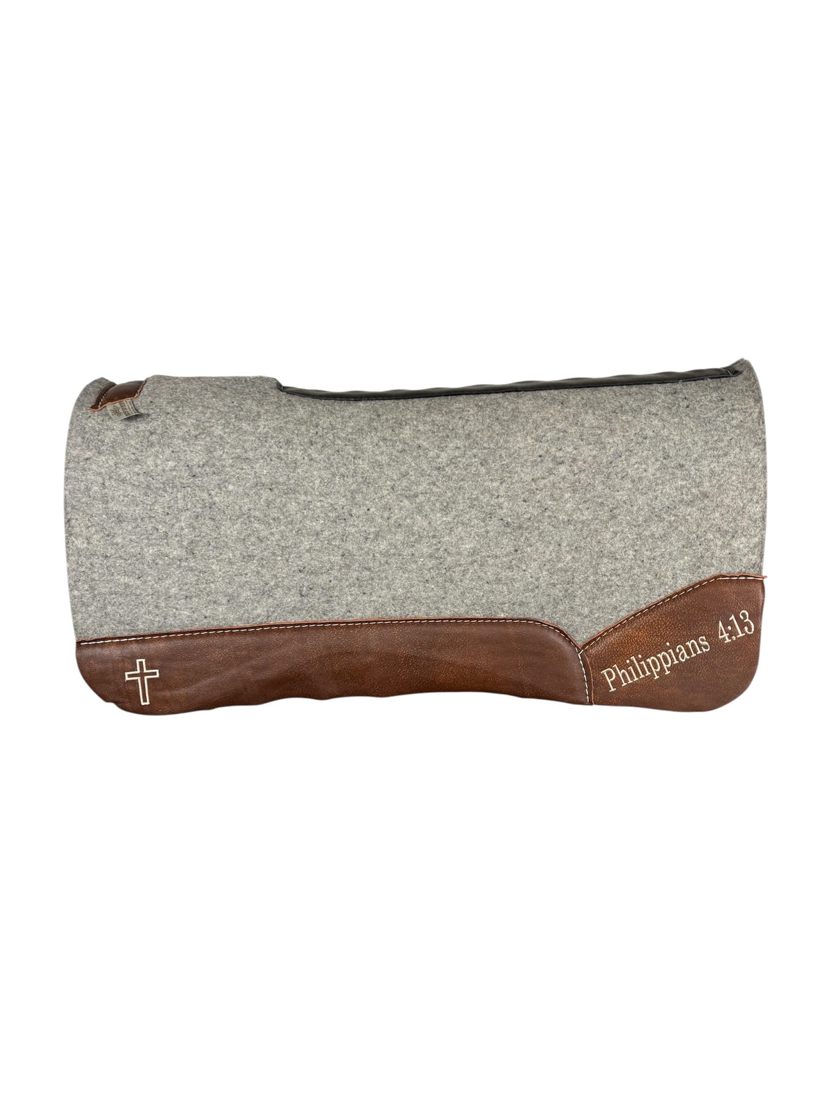 Gray Kush Saddle Pad with Oak Nut Leather - Philippians 4:13 in Beige Embroidery with Cross Embroidery on Bars