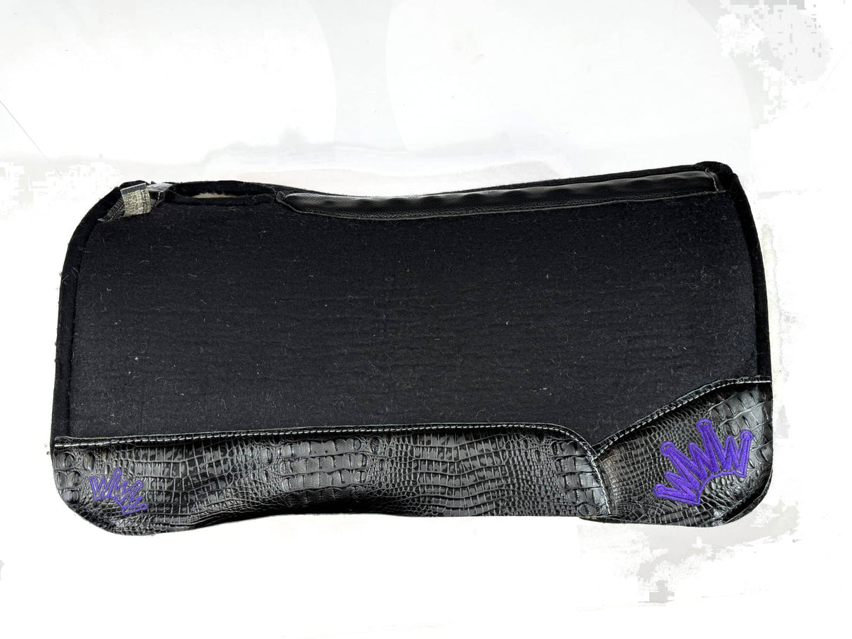 Black Kush Fleece Saddle Pad with Black Crocodile - Crown in Purple Embroidery