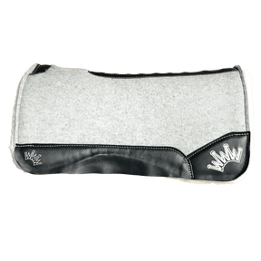 The Kush Gray Saddle Pad with Black Leather and a White Embroidered Crown