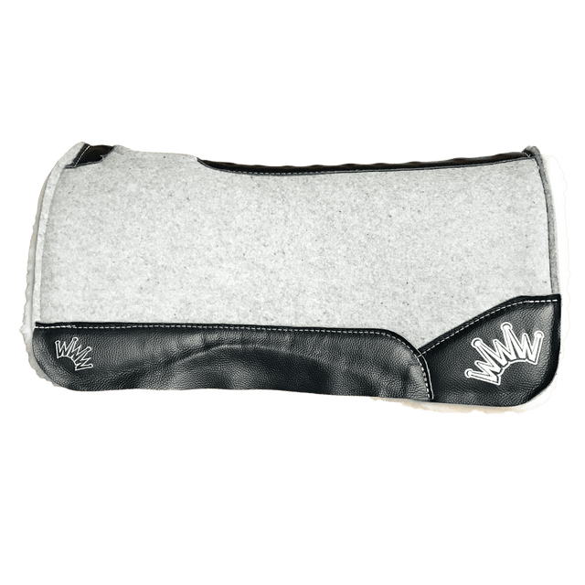 The Kush Gray Saddle Pad with Black Leather and a White Embroidered Crown