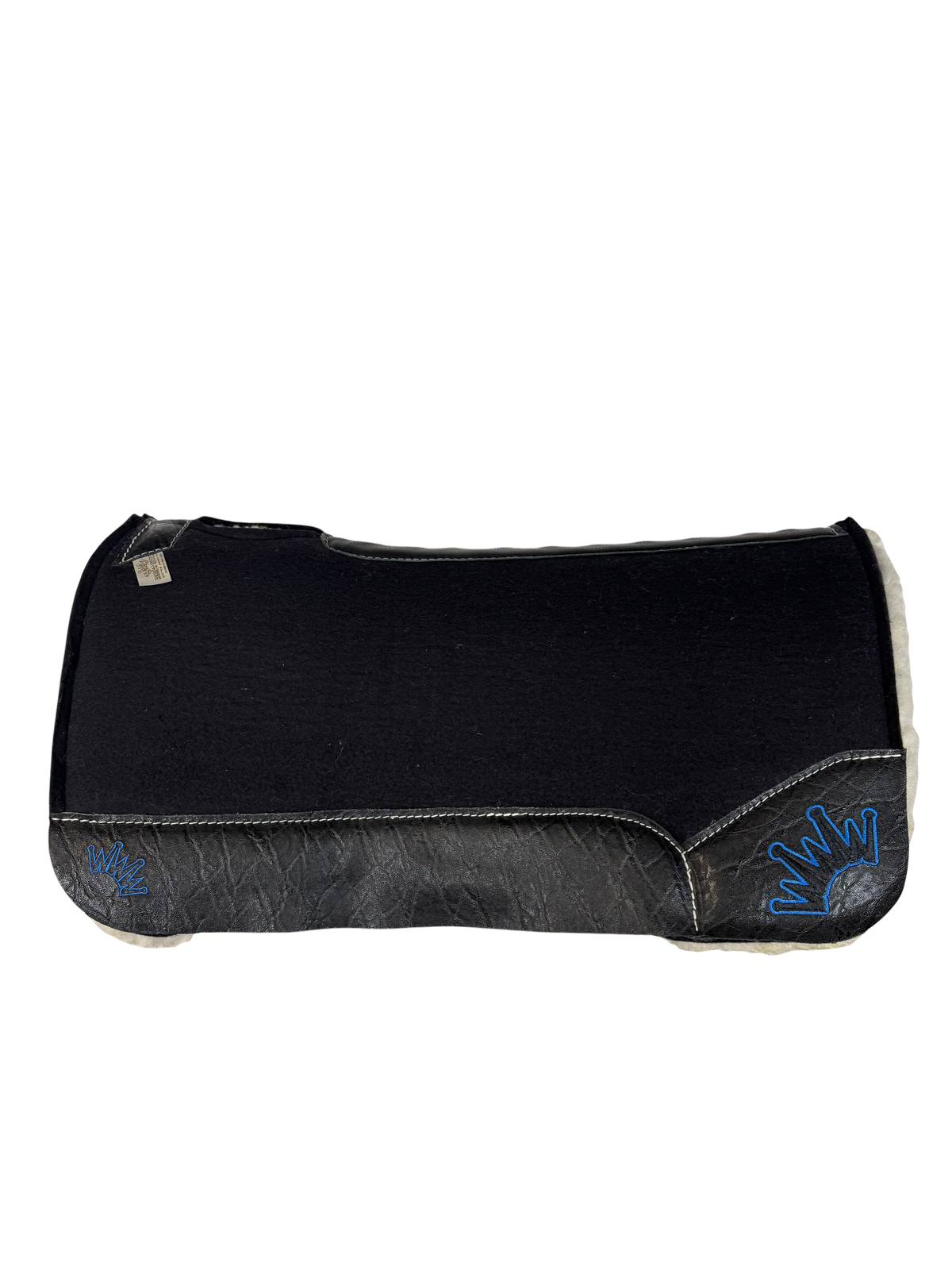 Black Kush Fleece Saddle Pad with Black Elephant Leather - Crown in Blue/Black Embroidery
