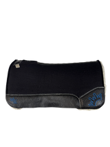 Black Kush Fleece Saddle Pad with Black Elephant Leather - Crown in Blue/Black Embroidery