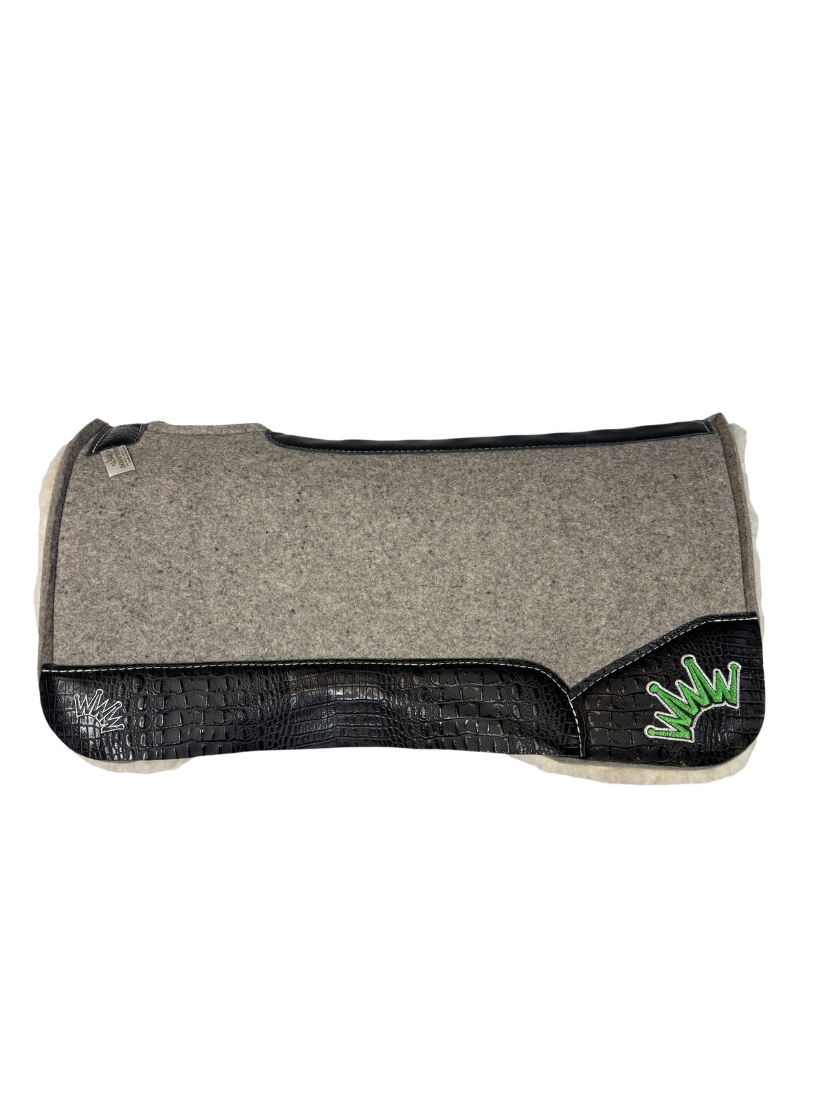 Gray Kush Fleece Saddle Pad with Black Crocodile Leather- Crown in White/Green Embroidery