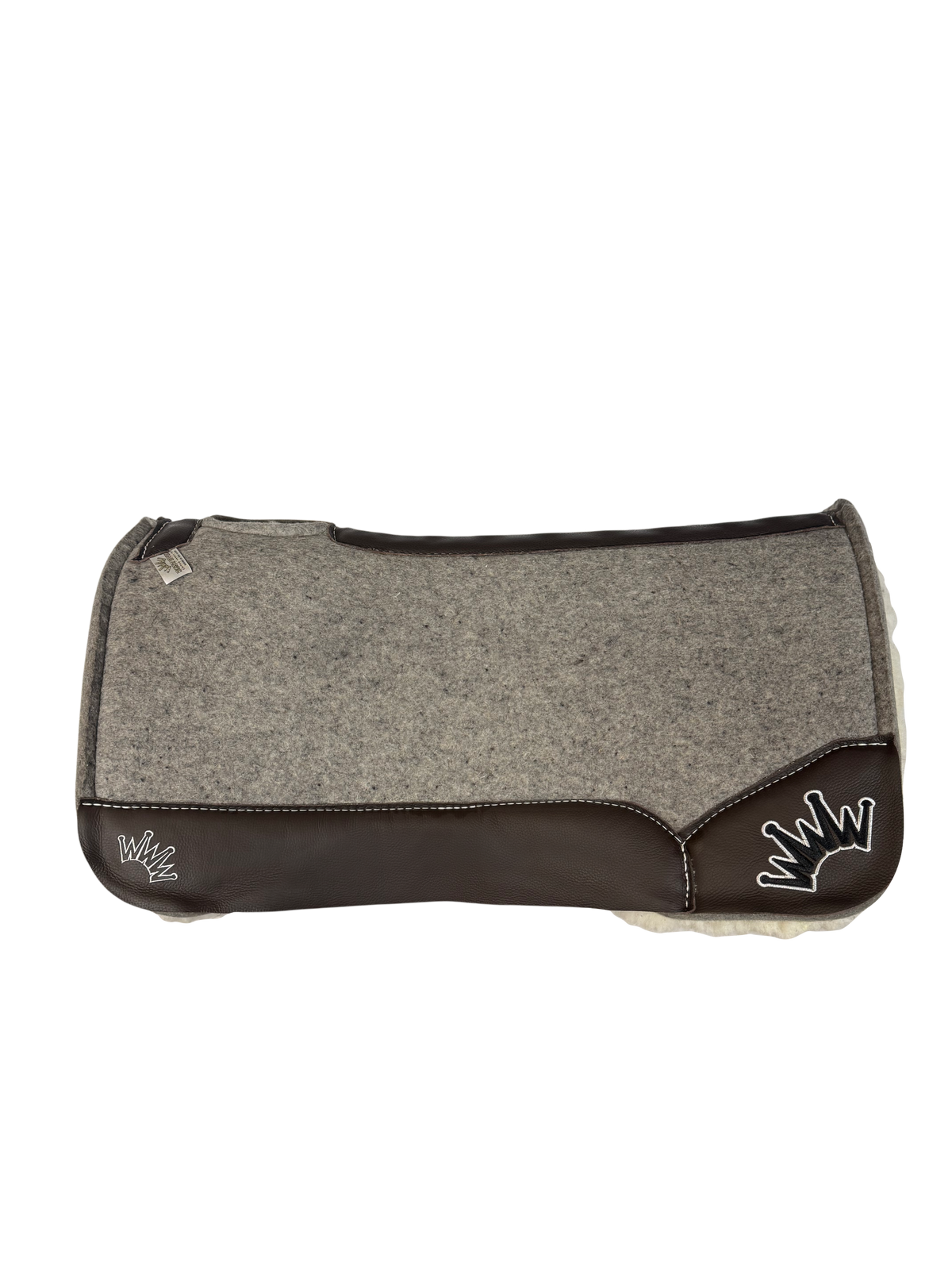 Gray Kush Fleece Saddle Pad with Brown Leather – Crown in White/Black Embroidery