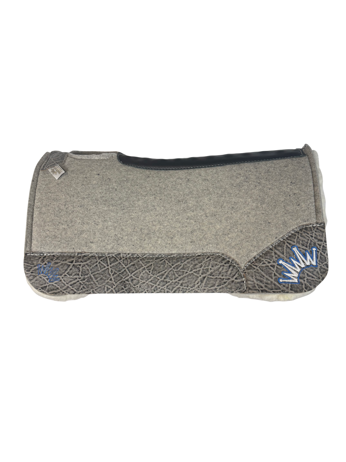Gray Kush Fleece Saddle Pad with Graphite Elephant Leather – Crown in Blue/White Embroidery