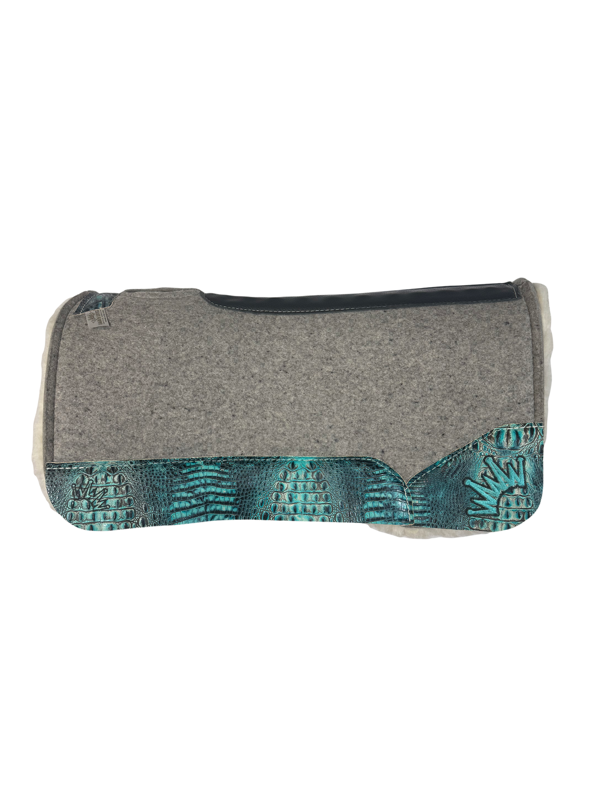 Gray Kush Fleece Saddle Pad with Sea Turquoise Crocodile Leather - Crown in Teal/Black Embroidery
