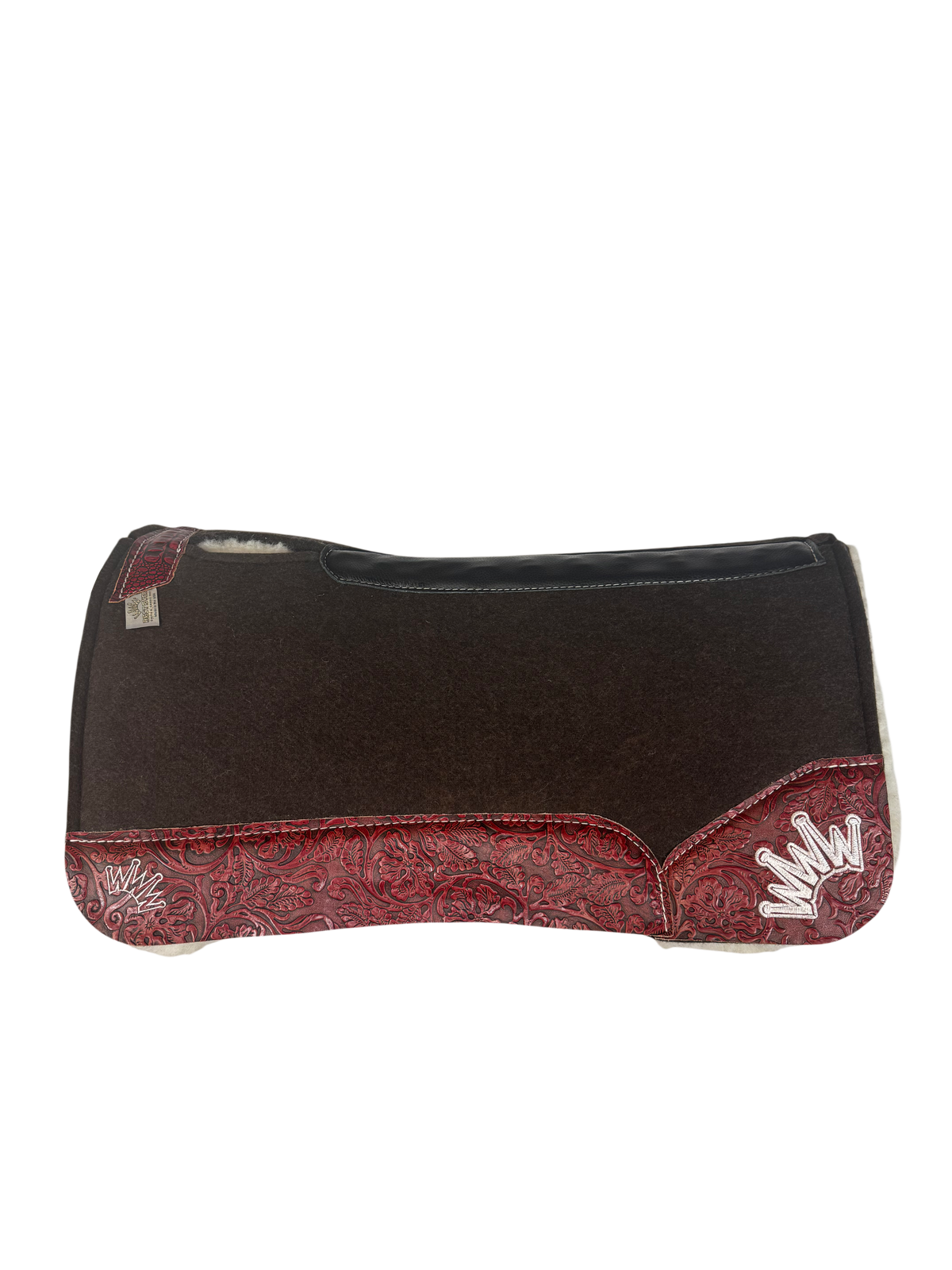 OG Fleece Saddle Pad with Red Floral Leather - Crown in White Embroidery