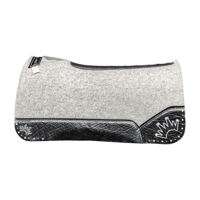 The Kush Gray Saddle Pad with Black Elephant Leather and a Black & White Embroidered Crown with White Crown Crystal Tips