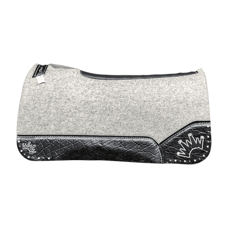 The Kush Gray Saddle Pad with Black Elephant Leather and a Black & White Embroidered Crown with White Crown Crystal Tips