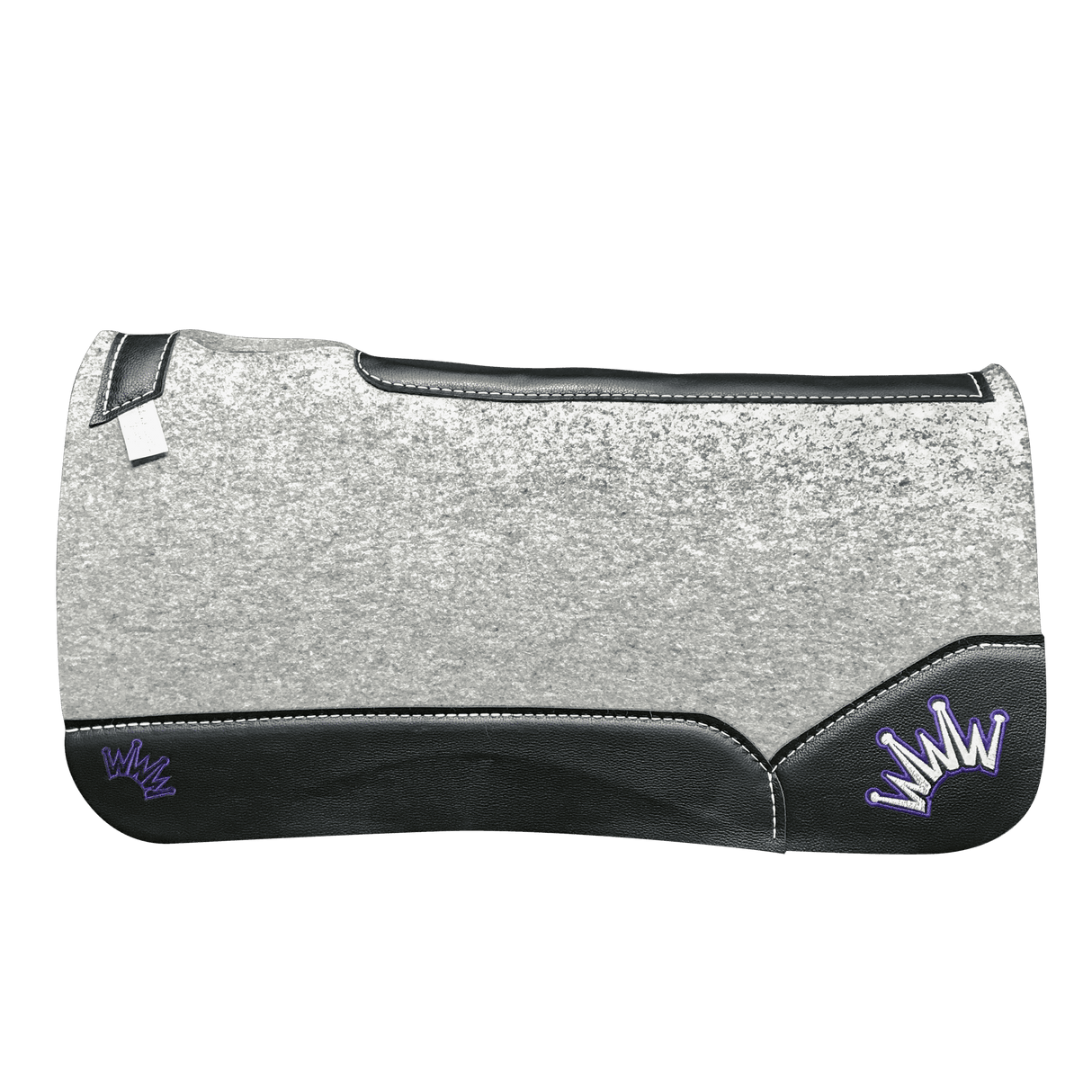 The Kush Gray Saddle Pad with Black Leather and a Purple & White Embroidered Crown