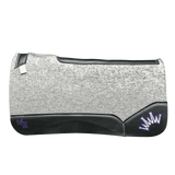 The Kush Gray Saddle Pad with Black Leather and a Purple & White Embroidered Crown