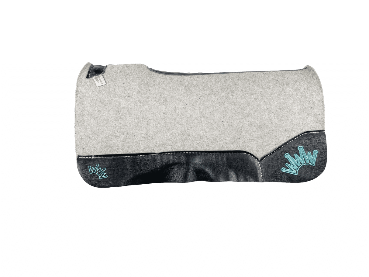 The Kush Gray Saddle Pad with Black Leather and a Teal Embroidered Crown