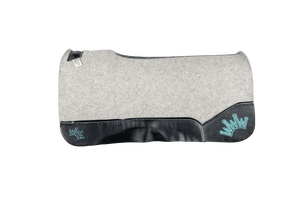 The Kush Gray Saddle Pad with Black Leather and a Teal Embroidered Crown