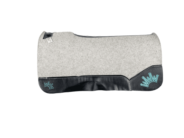 The Kush Gray Saddle Pad with Black Leather and a Teal Embroidered Crown