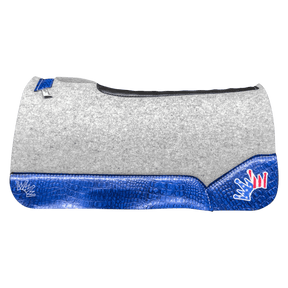The Kush Gray Saddle Pad with Blue Crocodile Leather and a USA Embroidered Crown