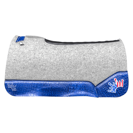 The Kush Gray Saddle Pad with Blue Crocodile Leather and a USA Embroidered Crown