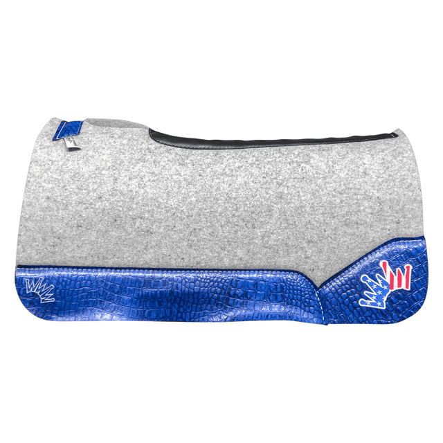 The Kush Gray Saddle Pad with Blue Crocodile Leather and a USA Embroidered Crown