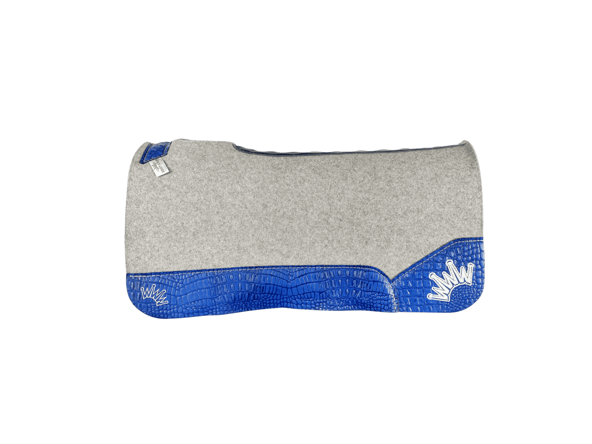 The Kush Gray Saddle Pad with Blue Crocodile Leather and a White Embroidered Crown