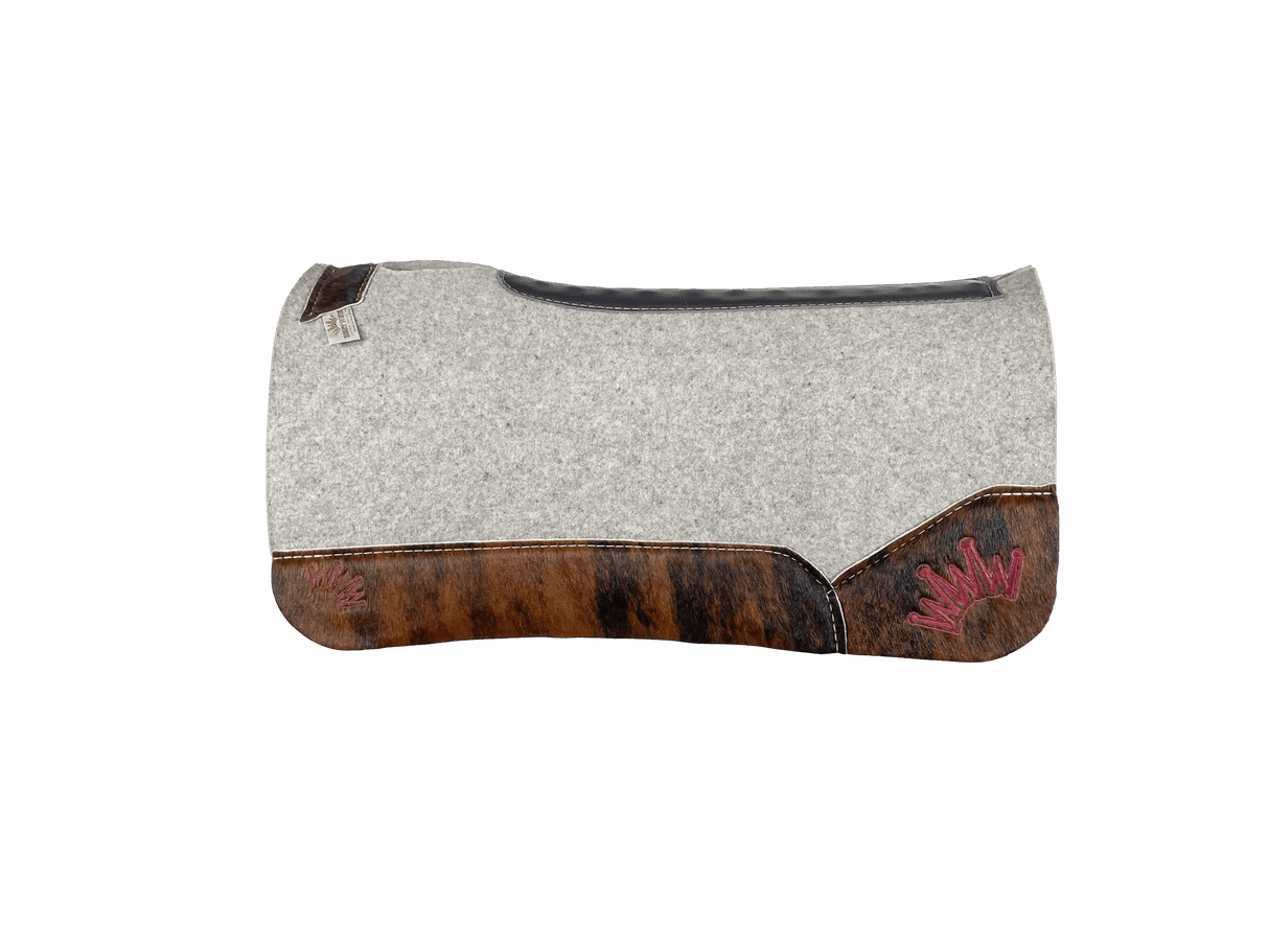 The Kush Gray Saddle Pad with Brindle Cowhide Leather and a Burgundy Embroidered Crown
