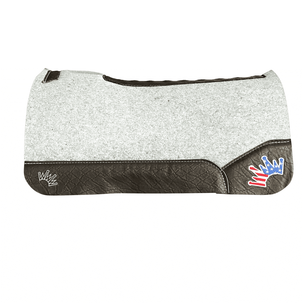 The Kush Gray Saddle Pad with Chocolate Elephant Leather and a USA Embroidered Crown