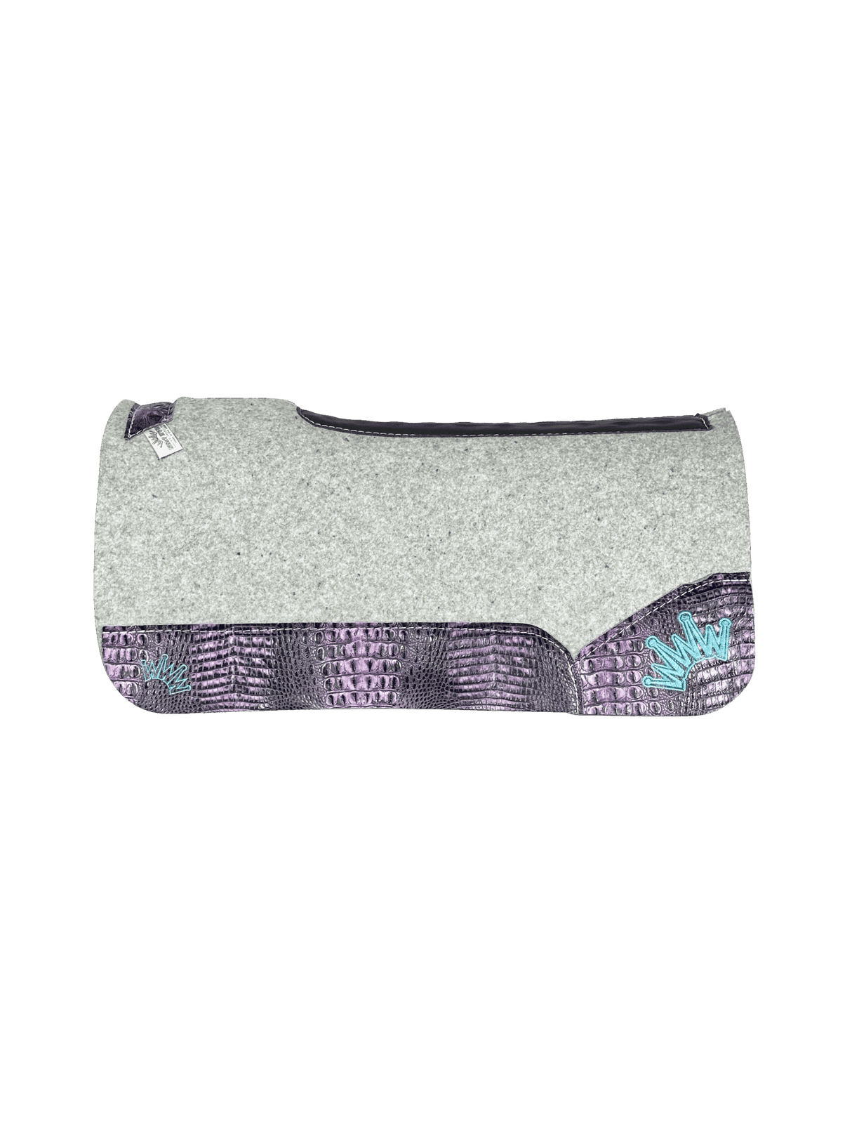 The Kush Gray Saddle Pad with Deep Purple Crocodile Leather and a Turquoise Embroidered Crown
