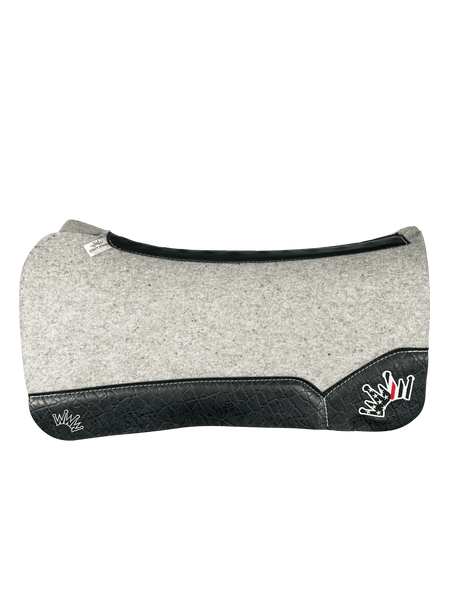 The Kush Gray Saddle Pad with Black Elephant Leather and a Thin Red Line Crown Embroidery