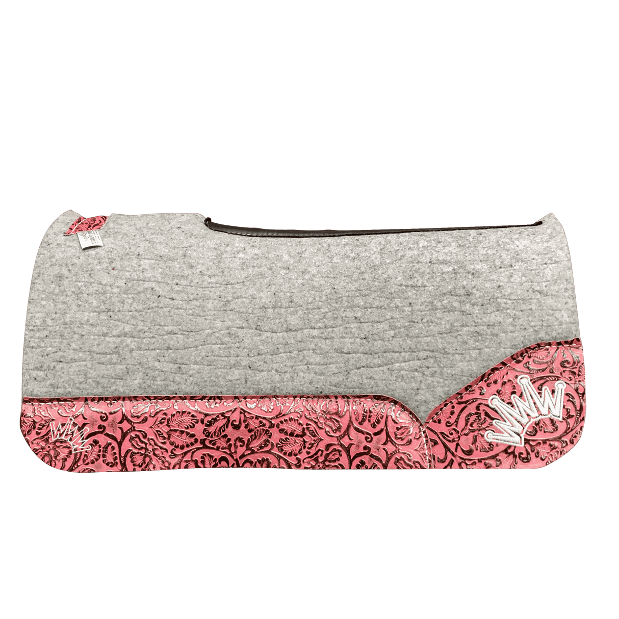 The Kush Gray Saddle Pad with Pink Champagne Floral Leather and a White Embroidered Crown