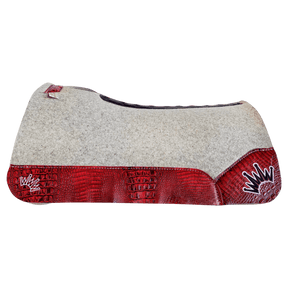 The Kush Gray Saddle Pad with Red Crocodile Leather and a White & Black Embroidered Crown