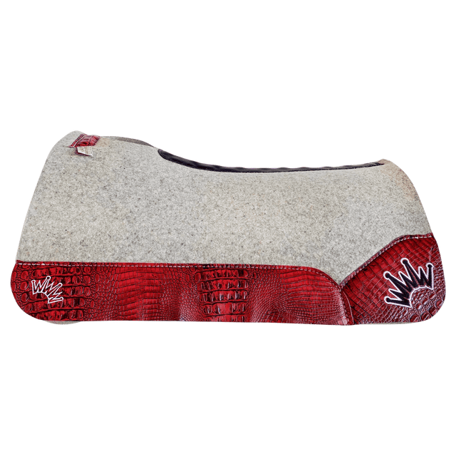 The Kush Gray Saddle Pad with Red Crocodile Leather and a White & Black Embroidered Crown