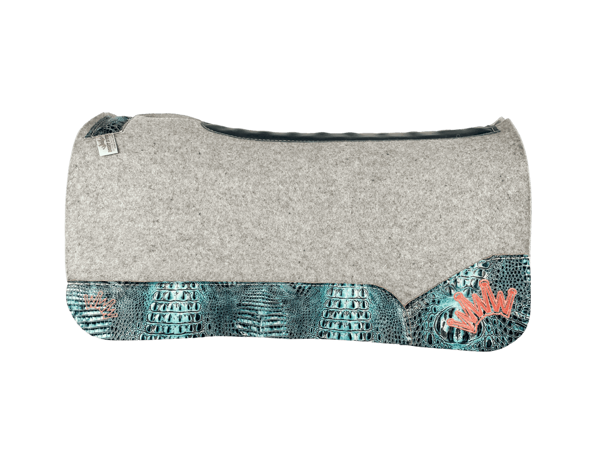The Kush Gray Saddle Pad with Sea Turquoise Crocodile Leather and Coral Embroidered Crown