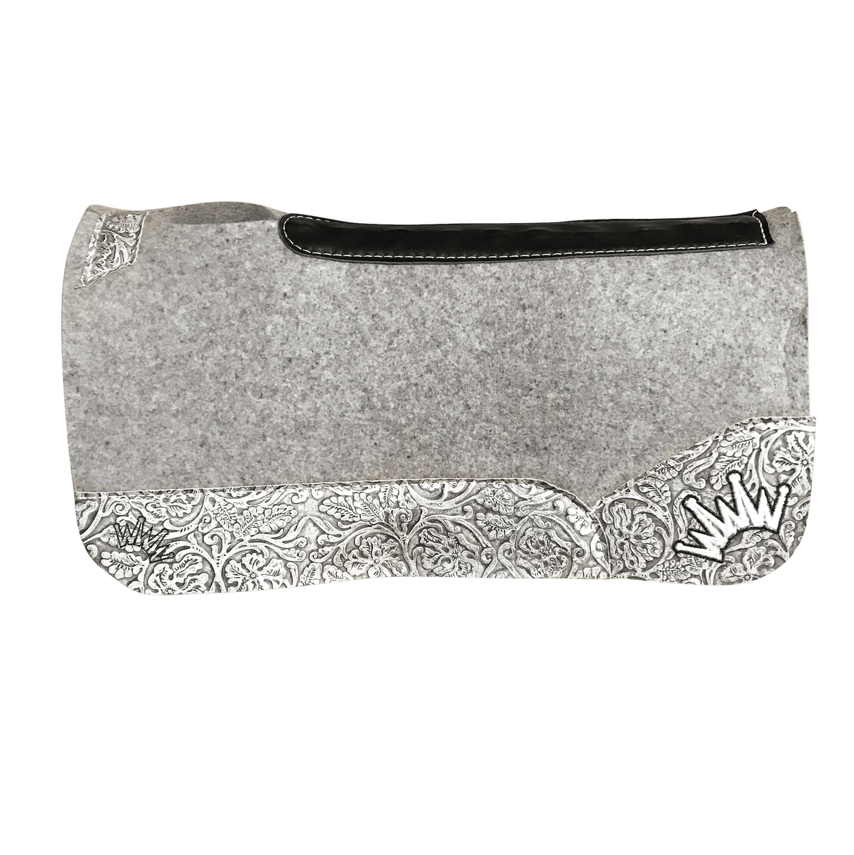 The Kush Gray Saddle Pad with Silver Gray Floral Leather and a Black & White Embroidered Crown