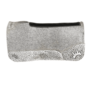 The Kush Gray Saddle Pad with Silver Gray Floral Leather and a Black & White Embroidered Crown