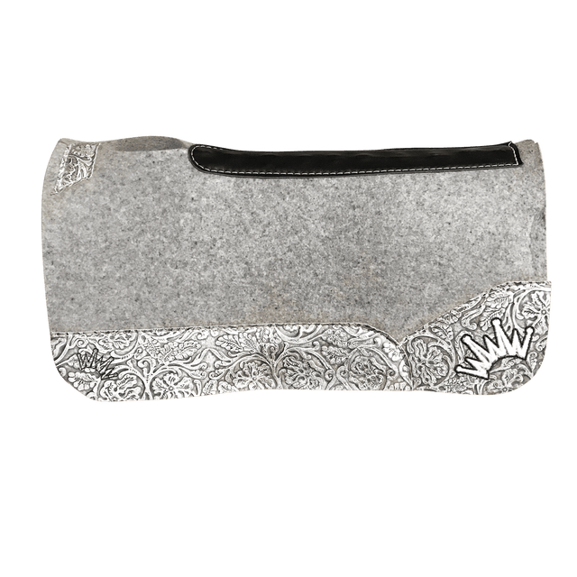 The Kush Gray Saddle Pad with Silver Gray Floral Leather and a Black & White Embroidered Crown